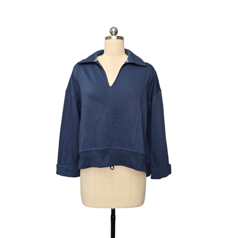 Pilcro Anthropologie Navy Blue V-Neck Fleece Sweatshirt Petite XXSP New